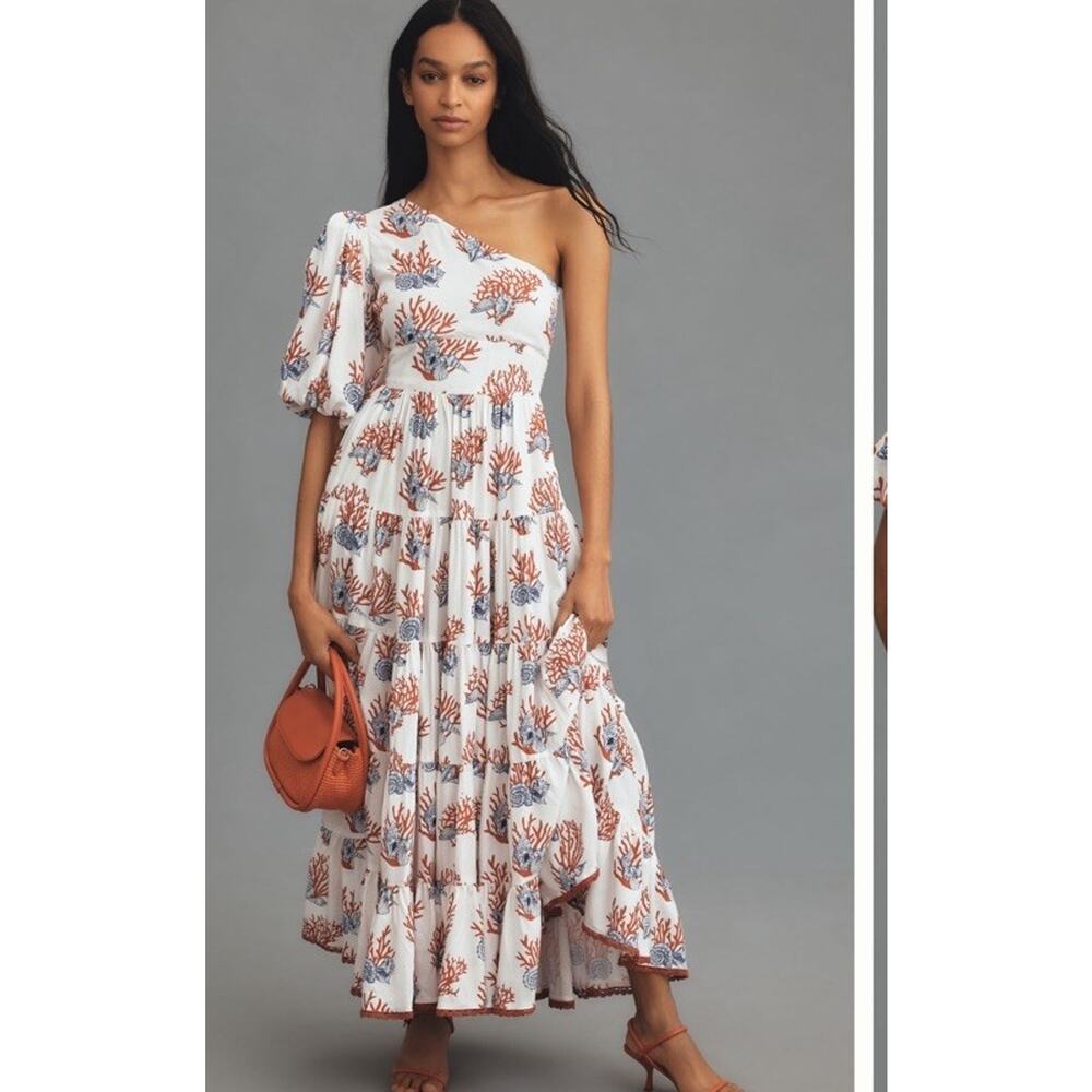 Anthropologie Prya One Shoulder Dress Tiered 2x summer beach vacation tropical